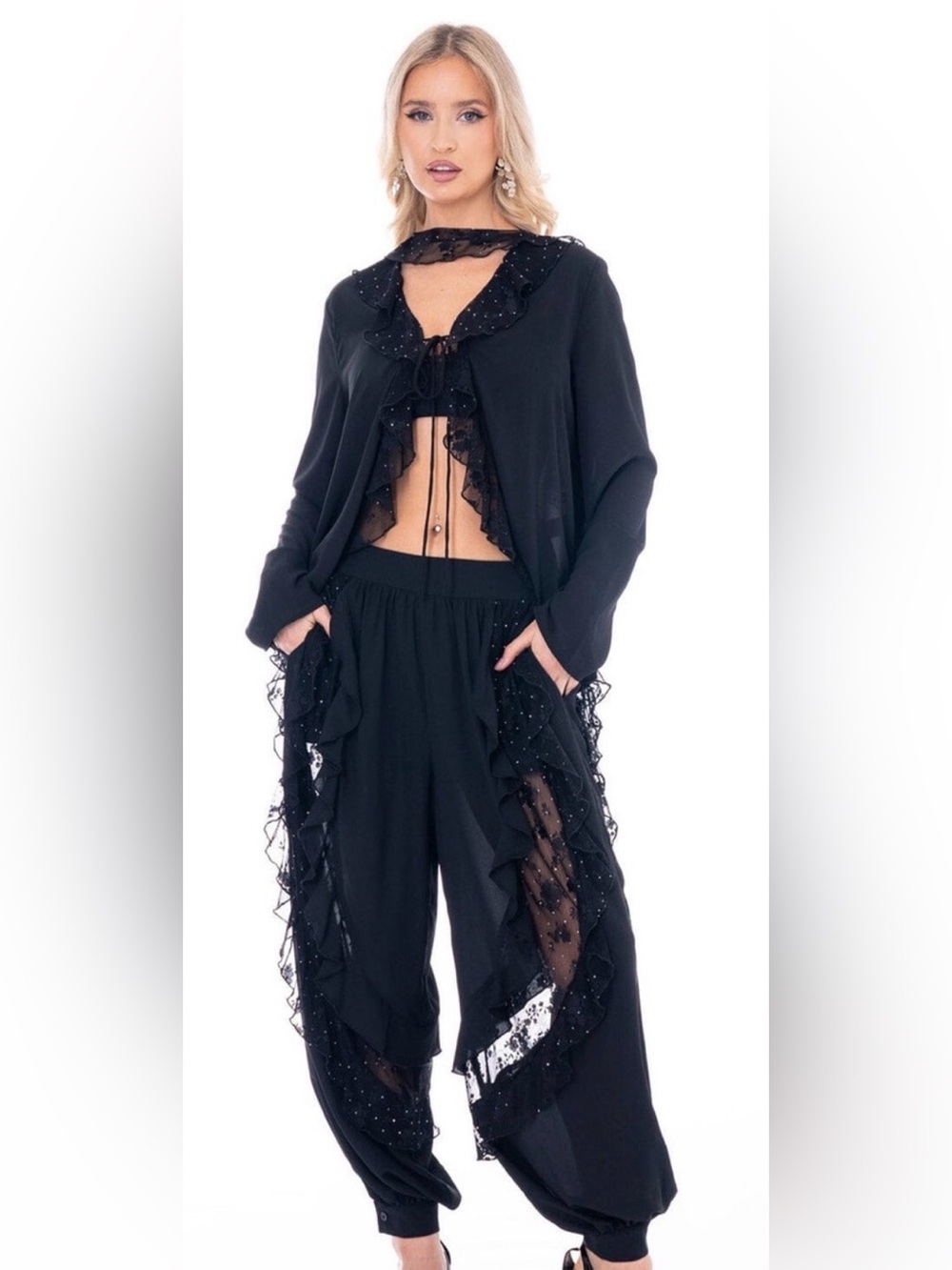 Black Ruffled Sheer-Panel
Two-Piece Set